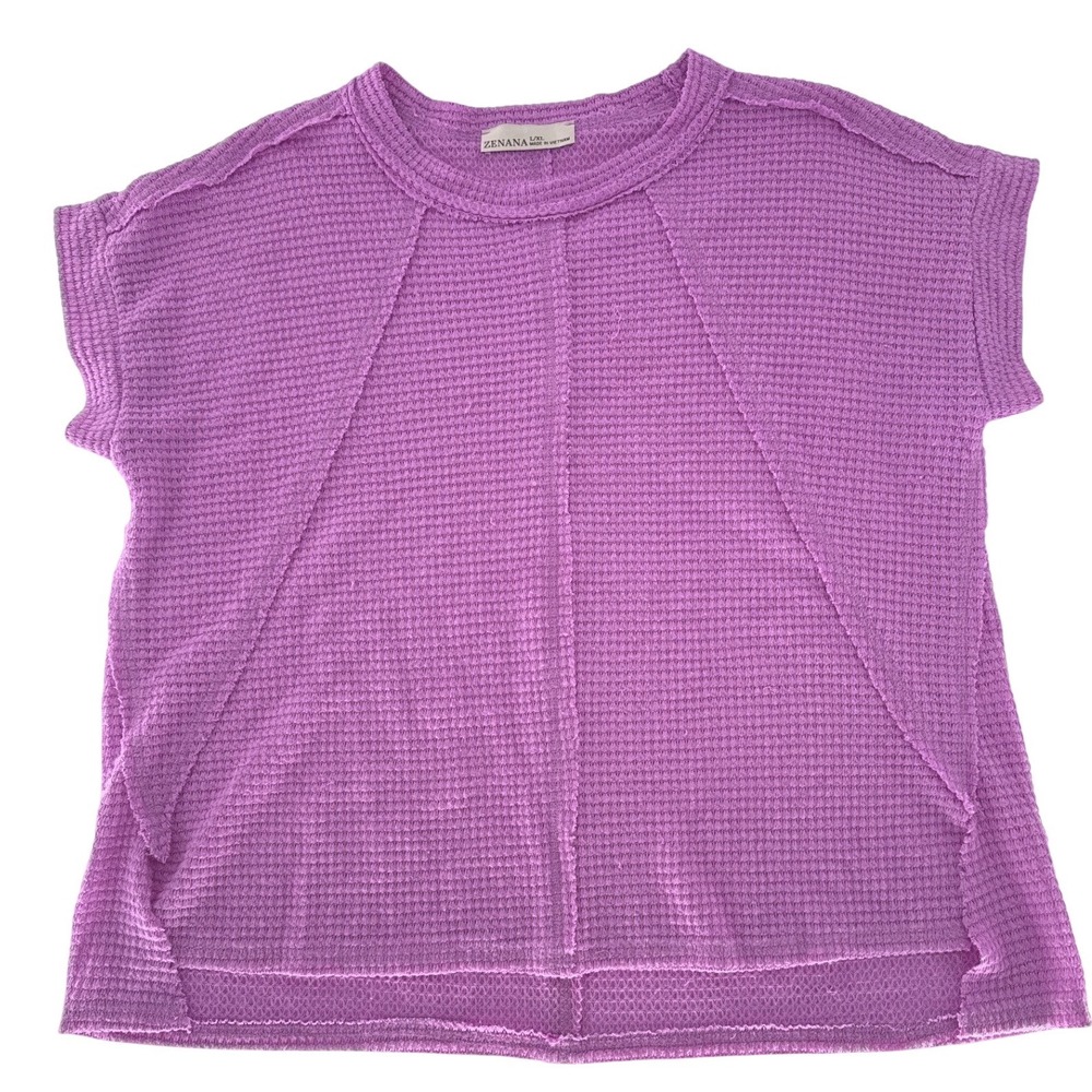 Zenana Waffle Knit Short Sleeve Top Women L/XL Purple Casual Boho Beachy Relaxed
